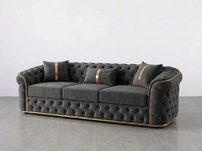 Dark grey Gamzo Outlet Chesterfield sofa set with two 2-seater sofas, showcasing tufted leather upholstery and classic design.