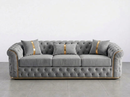 Light grey Gamzo Outlet Chesterfield sofa set, featuring two 2-seater couches with tufted upholstery and rolled arms.