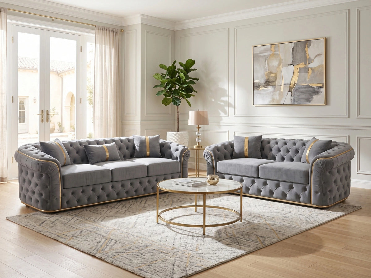 Light grey Gamzo Outlet Chesterfield sofa set featuring a stylish 3-seater with classic tufted design and rolled arms.