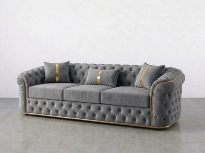 Light grey Gamzo Outlet Chesterfield sofa set with two 2-seater couches, elegant button-tufted design and classic rolled arms.