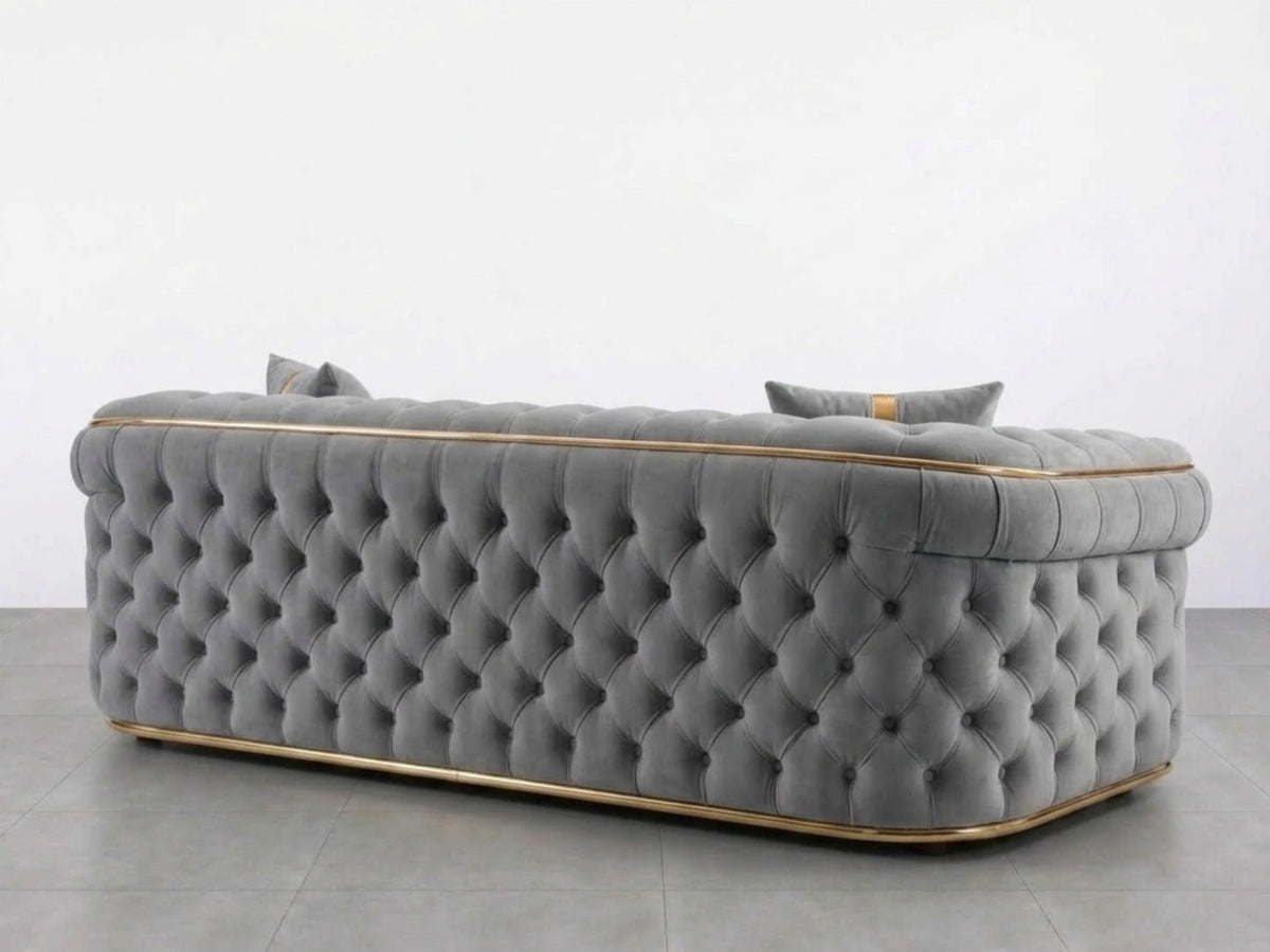Light grey Gamzo Outlet Chesterfield sofa set with a 3-seater, showcasing classic tufted design and plush upholstery.