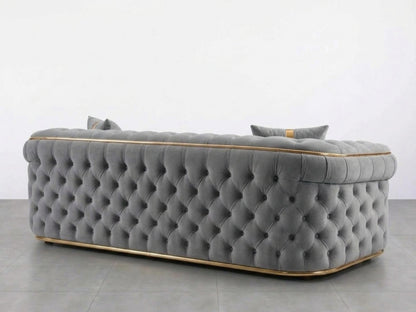 Light grey Gamzo Outlet Chesterfield sofa set with a 3-seater, showcasing classic tufted design and plush upholstery.