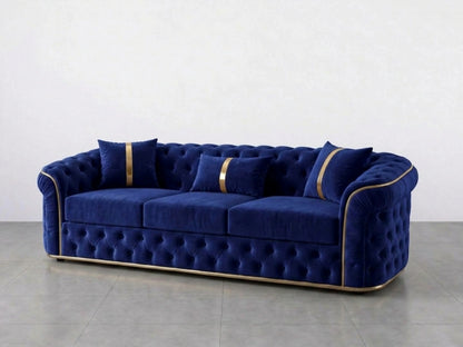Midnight blue Chesterfield sofa set with two 2-seater sofas featuring button-tufted upholstery and rolled arms, by Gamzo Outlet.