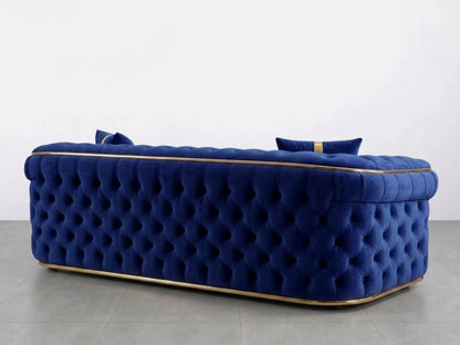 Midnight blue Chesterfield sofa set with plush upholstery and tufted design, featuring two-seater sofas from Gamzo Outlet.