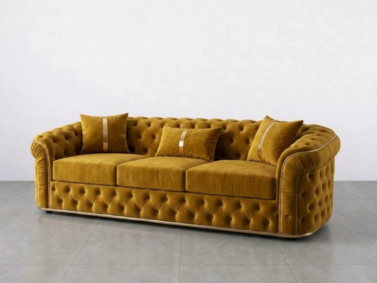 Gamzo Outlet Chesterfield sofa set with a mustard 2-seater, featuring tufted upholstery and classic rolled arms.