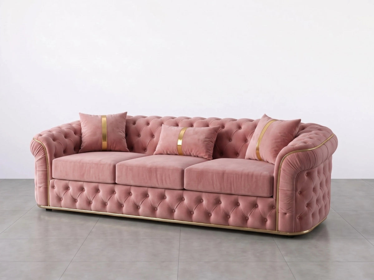 Pink Chesterfield sofa set with plush cushions and tufted upholstery, featuring two 2-seater sofas from Gamzo Outlet.