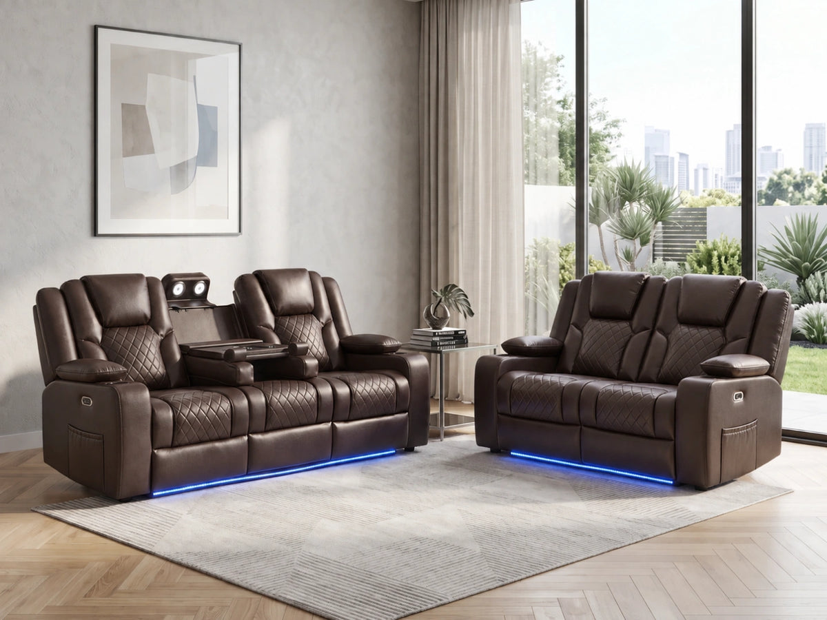 Brown Model O electric recliner sofa by Gamzo Outlet, showing a comfortable three-seater with reclined feature and plush upholstery.