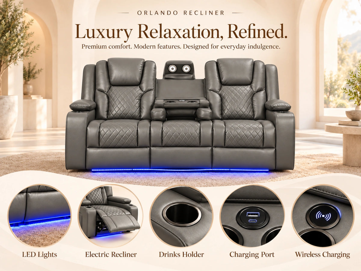 Grey Model O electric recliner sofa with three seats, modern design, comfortable cushions, and a sleek appearance.