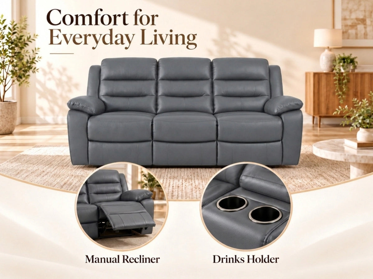 Grey Model R recliner sofa from Gamzo Outlet, three-seater with plush cushions and modern design, ideal for living rooms.