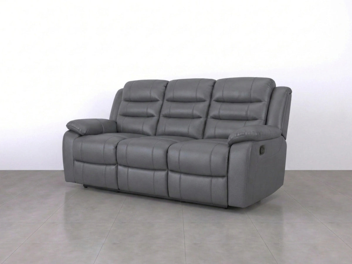Grey Model R Recliner Sofa by Gamzo Outlet, three-seater with cushioned armrests and plush fabric upholstery.