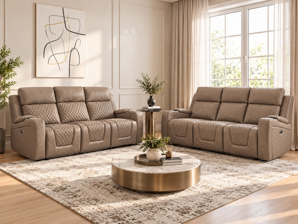Mocha Model B electric recliner sofa from Gamzo Outlet, three-seater with plush cushions and modern design for comfortable seating.