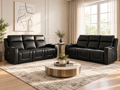 Black Model B electric recliner sofa with three seats from Gamzo Outlet, showcasing plush cushions and modern design.