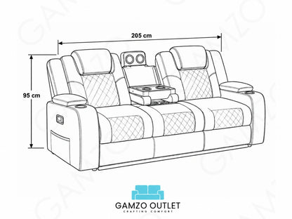 Black Model O electric recliner sofa by Gamzo Outlet, three-seater with plush cushions and modern design.