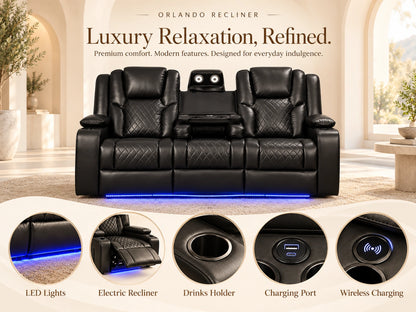 Black Model O electric recliner sofa with three seats, featuring plush cushions and modern design, by Gamzo Outlet.