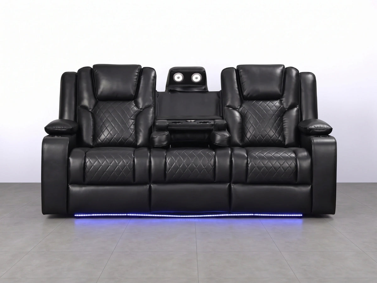 Black Model O electric recliner sofa with three seats from Gamzo Outlet, featuring modern design and plush cushioning.