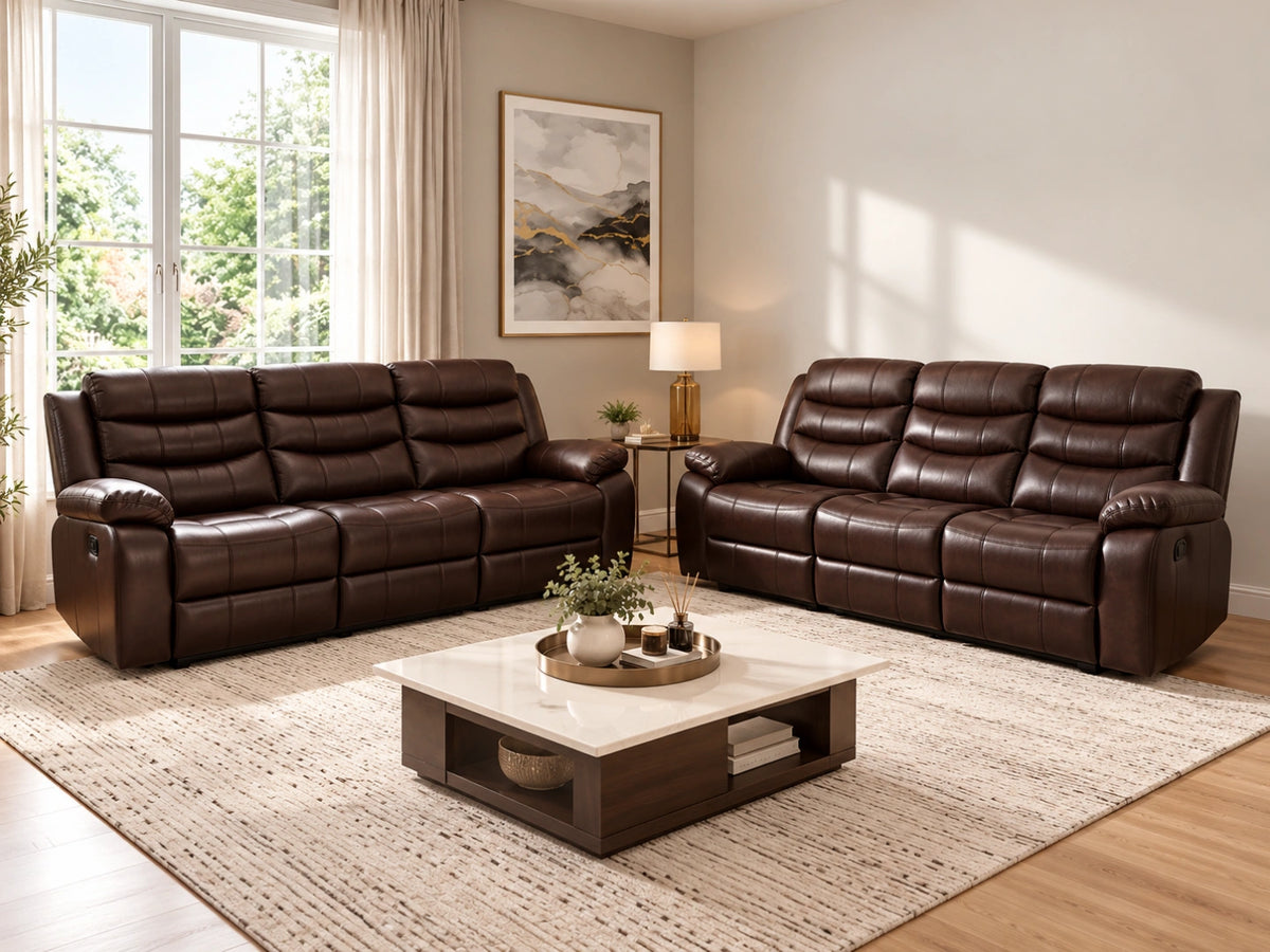Brown Gamzo Outlet Model R recliner sofa with three seats, plush cushions, and a modern design in a cozy living room setting.