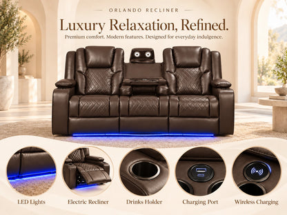Brown Model O electric recliner sofa by Gamzo Outlet, three-seater with plush cushions and modern design.