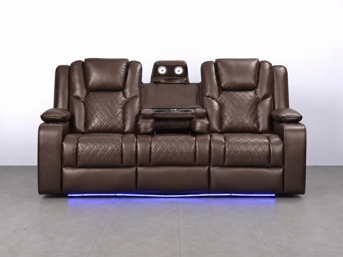 Brown Model O electric recliner sofa with three seats, featuring plush upholstery and built-in recline functions.