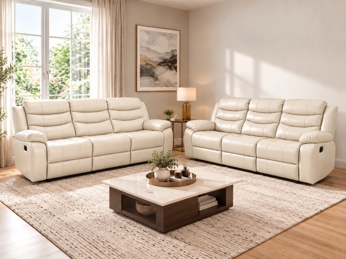 Cream Model R recliner sofa from Gamzo Outlet, three-seater with plush cushions and armrests, in a modern living room setting.