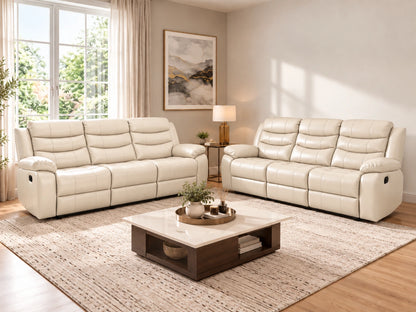 Cream Model R recliner sofa from Gamzo Outlet, three-seater with plush cushions and armrests, in a modern living room setting.