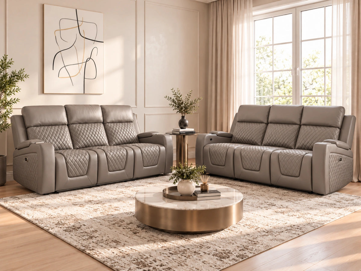 Grey Model B electric recliner sofa by Gamzo Outlet with three seats and plush cushioning, perfect for modern living rooms.