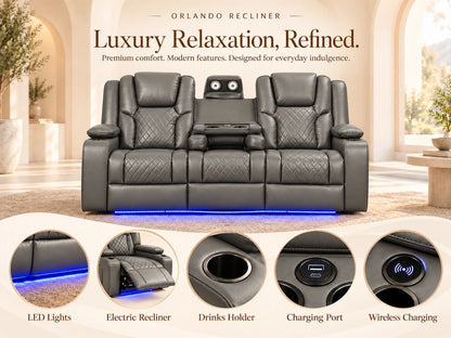 Grey Model O electric recliner sofa with three seats from Gamzo Outlet, showcasing plush cushions and modern design.