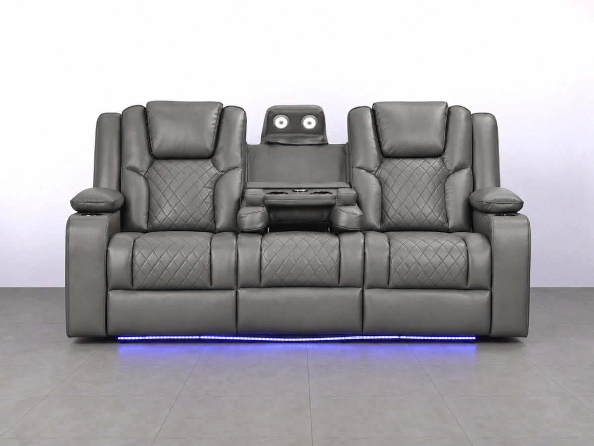 Gray Model O electric recliner sofa with three seats from Gamzo Outlet, featuring plush cushions and modern design.