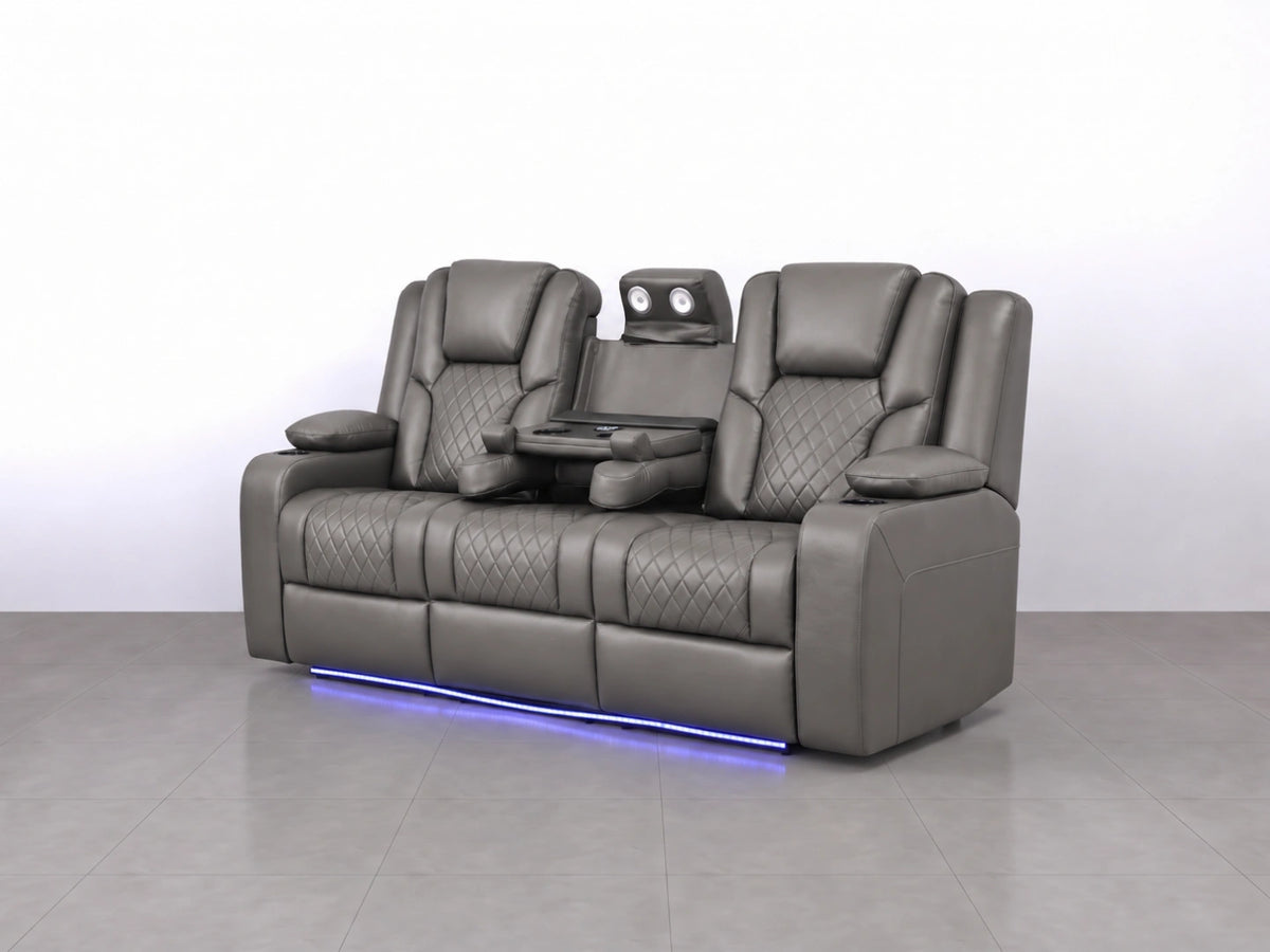 Grey Model O electric recliner sofa by Gamzo Outlet, showing a 3-seater modern sofa with plush cushions and reclining feature.