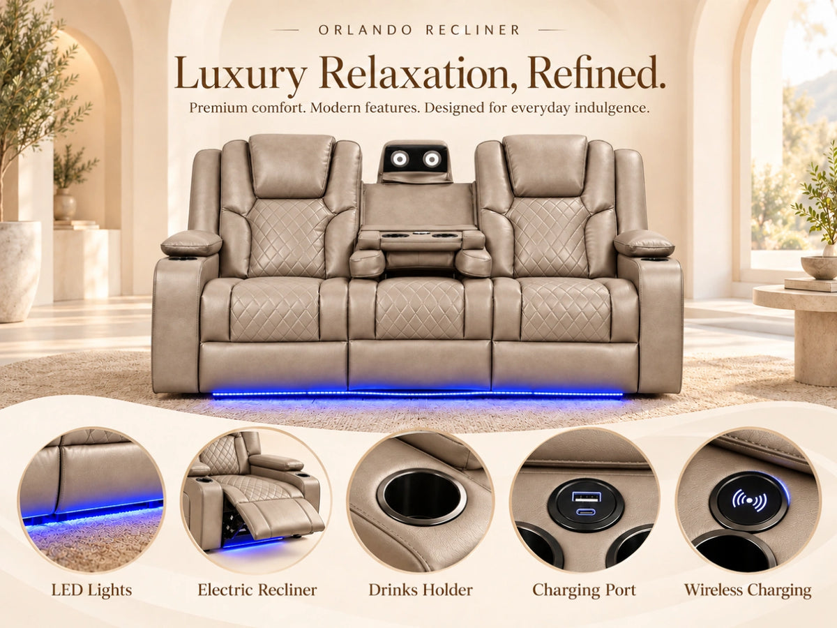 Mocha Model O electric recliner sofa by Gamzo Outlet, three-seater with plush cushions and modern design.