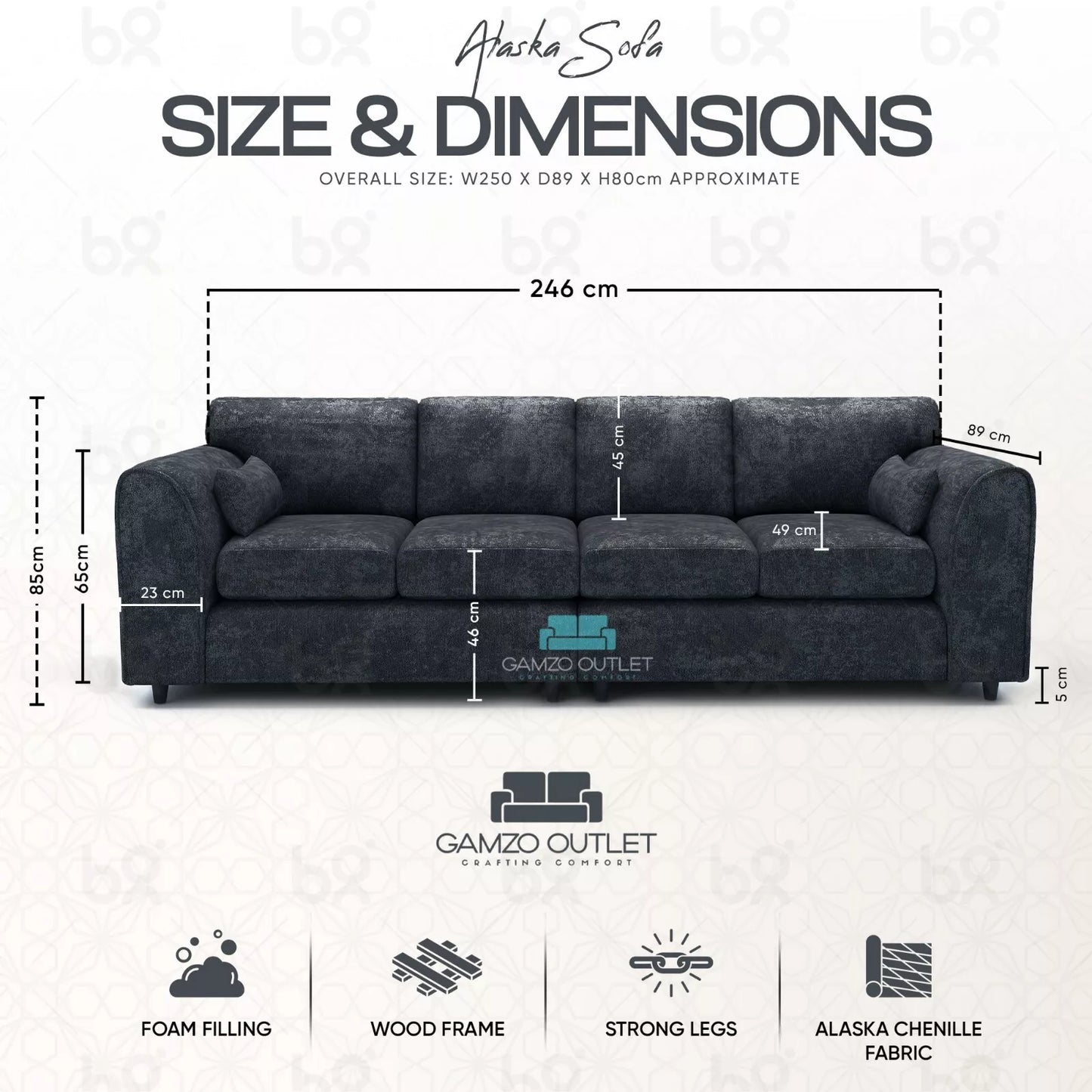 Alaska Fabric 4 Seater Full Back Sofa
