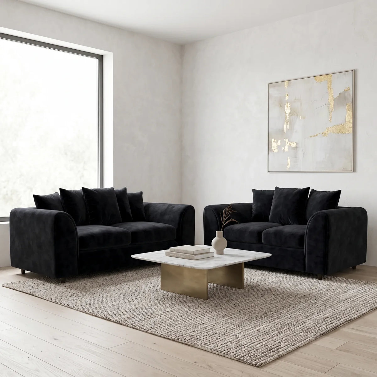 Plush fabric 3-seater scatter-back sofa set in velvet with comfortable cushions, designed for modern living rooms.