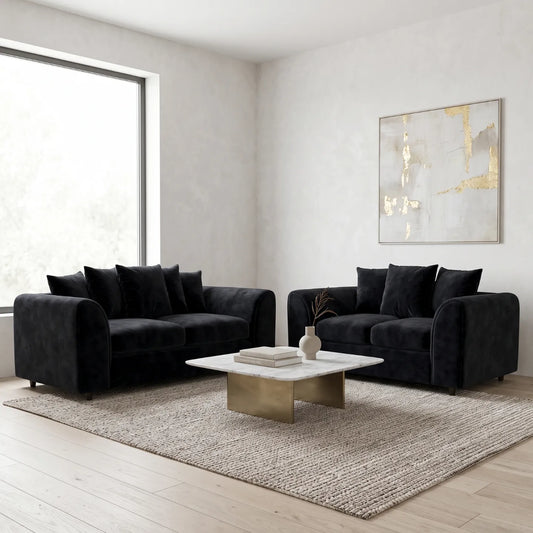 Plush fabric 3-seater scatter-back sofa set in velvet with comfortable cushions, designed for modern living rooms.