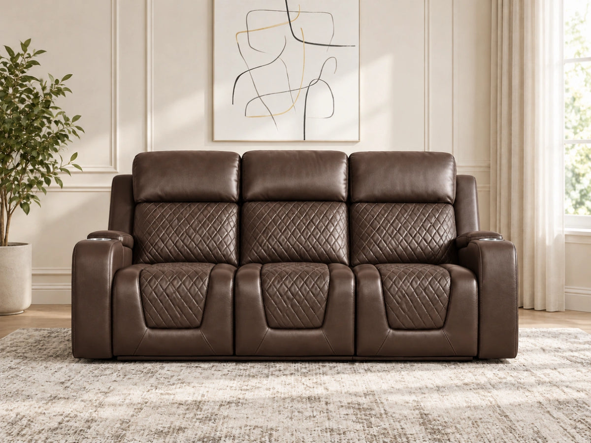 Brown Model B electric recliner sofa by Gamzo Outlet, three-seater with plush cushions and modern design.