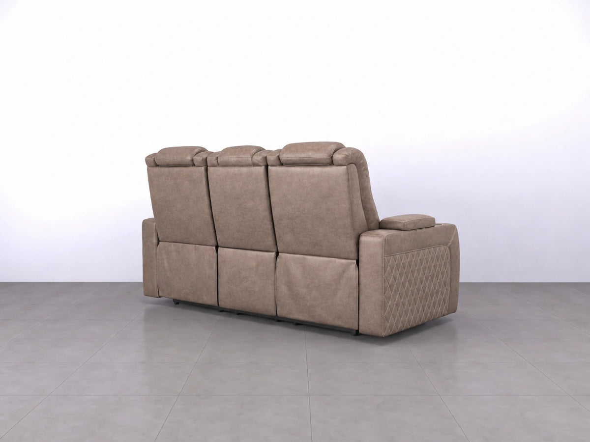 Gamzo Outlet Model B electric recliner sofa, 3-seater mocha fabric sofa with adjustable reclining features and plush cushions.