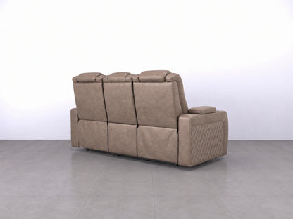 Gamzo Outlet Model B electric recliner sofa, 3-seater mocha fabric sofa with adjustable reclining features and plush cushions.