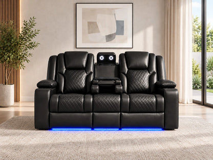 Black Model O electric recliner sofa by Gamzo Outlet, three-seater with plush cushions and modern design for comfortable seating.