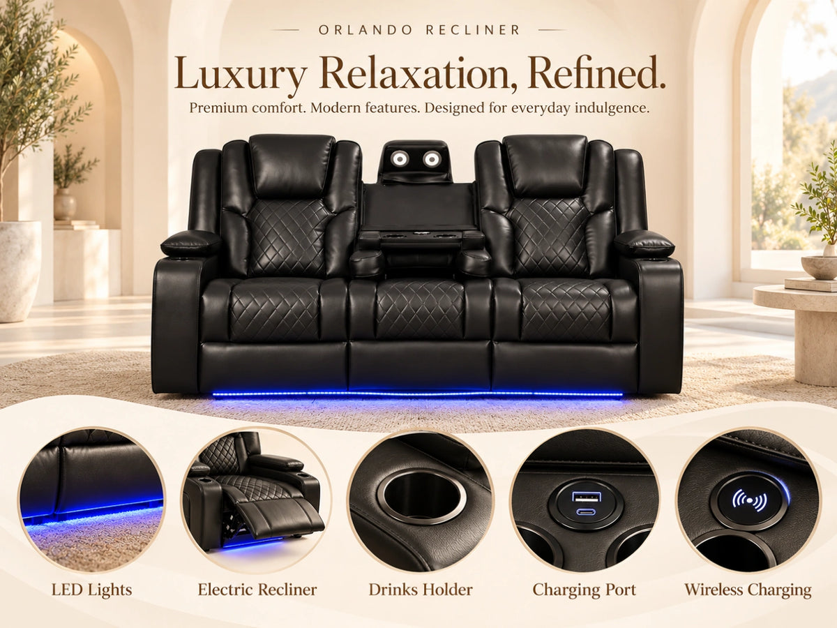 Black Model O electric recliner sofa by Gamzo Outlet, three-seater with plush cushions and modern design.