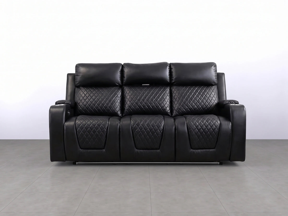 Black Model B electric recliner sofa, 3-seater Gamzo Outlet sofa with plush upholstery and reclining features.