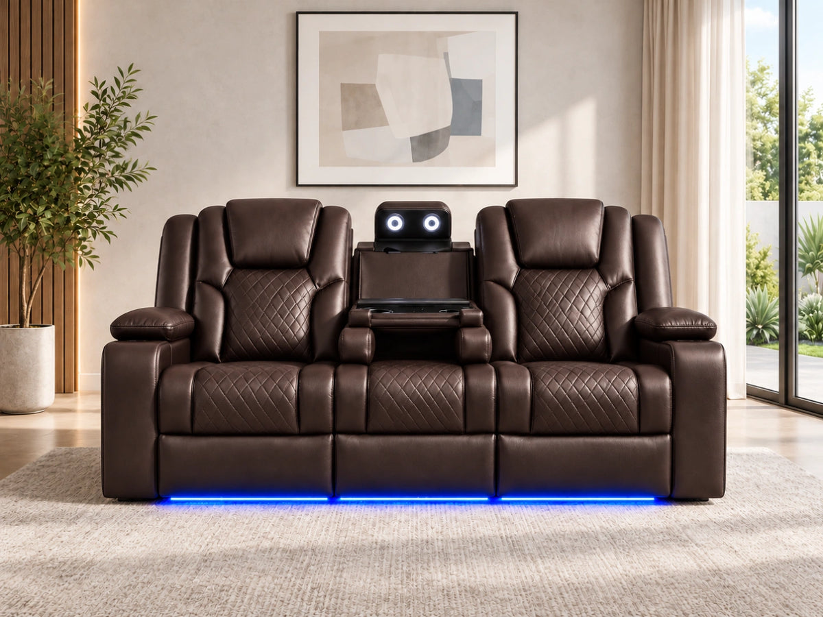 Brown Model O electric recliner sofa with three seats, featuring plush cushions and modern design from Gamzo Outlet.