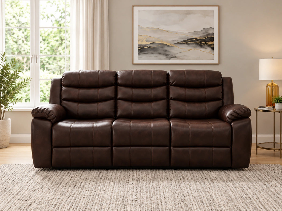 Brown Gamzo Outlet Model R 3-seater recliner sofa with plush cushions and wide armrests, ideal for comfortable living room seating.