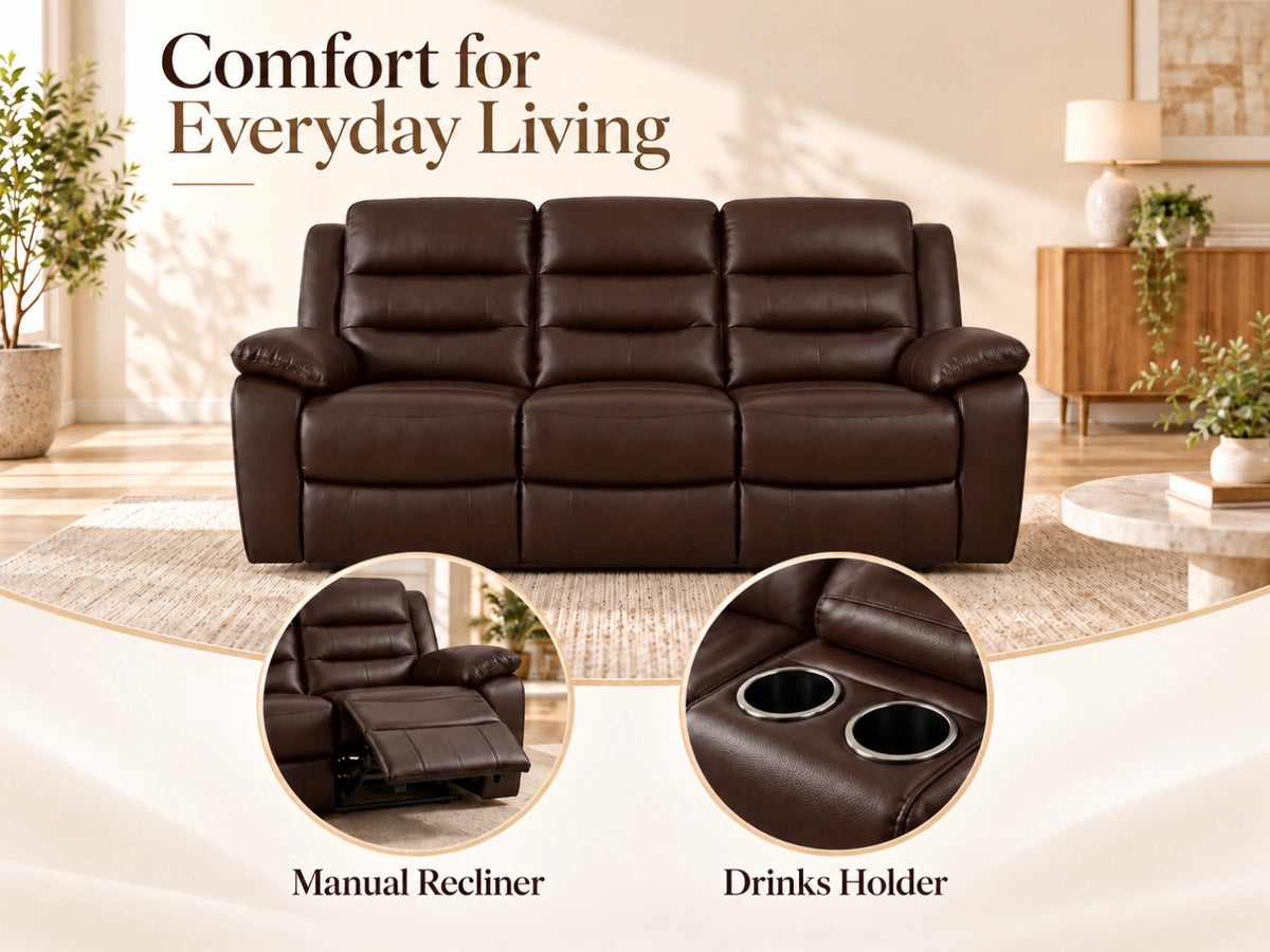 Brown Model R recliner 3-seater sofa by Gamzo Outlet with plush cushions and wooden legs, ideal for modern living rooms.