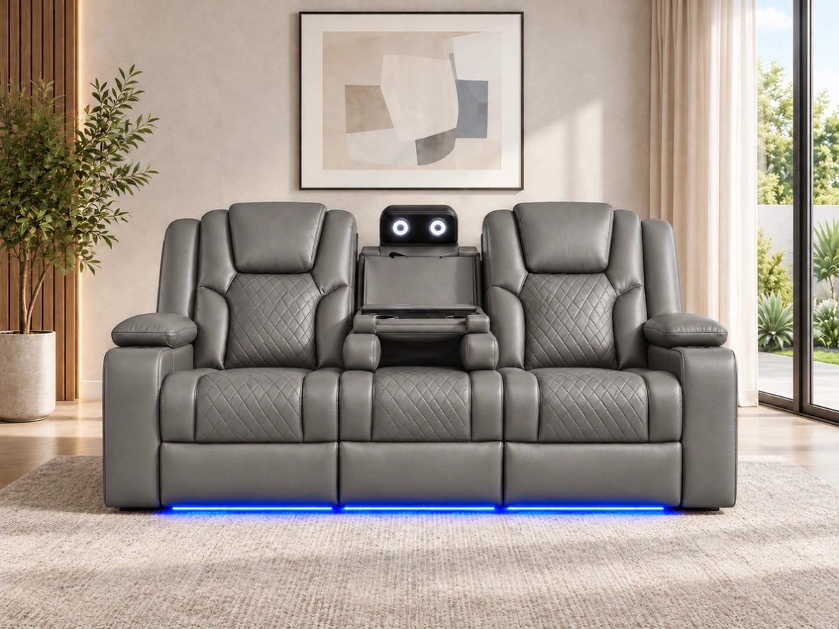 Grey Model O electric recliner sofa by Gamzo Outlet, three-seater with plush cushions and modern design, shown in a living room setting.