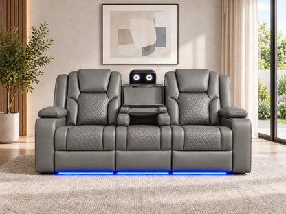 Grey Model O electric recliner sofa by Gamzo Outlet, three-seater with plush cushions and modern design, shown in a living room setting.