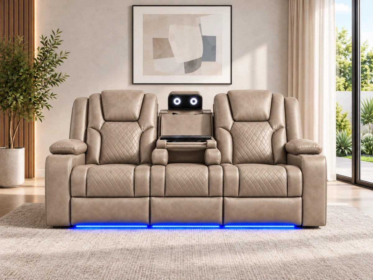 Mocha-colored Model O electric recliner sofa by Gamzo Outlet, featuring plush cushions and a modern three-seater design.