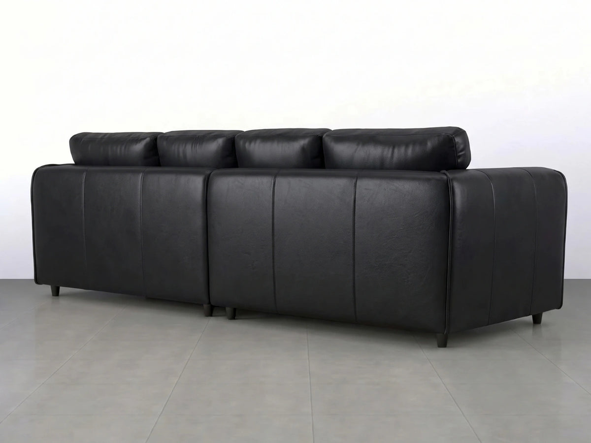 Black Dillon full back 4-seater leather sofa by Gamzo Outlet, showcasing plush cushions and sleek design.