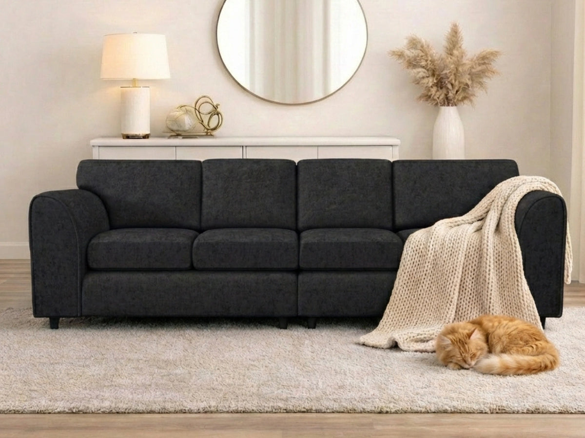 Black Gamzo Outlet Alaska Fabric 4 Seater Full Back Sofa with plush cushions and modern design.