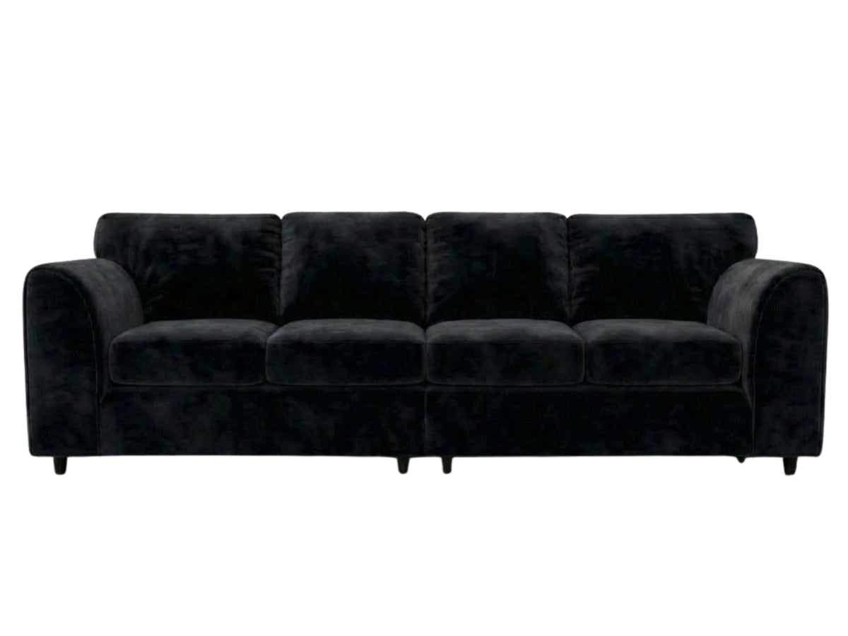 Black plush velvet 4-seater full-back corner sofa from Gamzo Outlet, showing soft cushions and spacious seating for four.