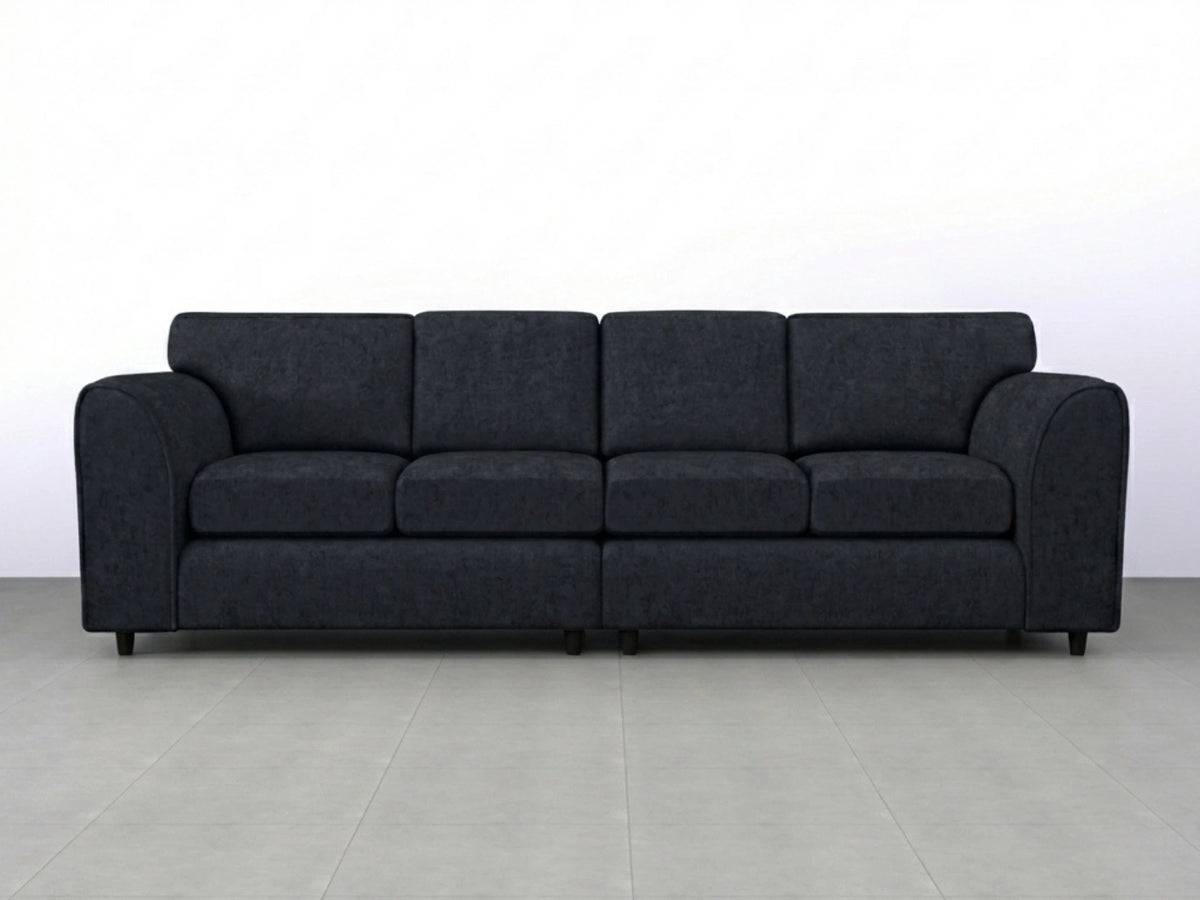 Black Alaska Fabric 4 Seater Sofa with full back support, designed for comfort and style in a modern living room.