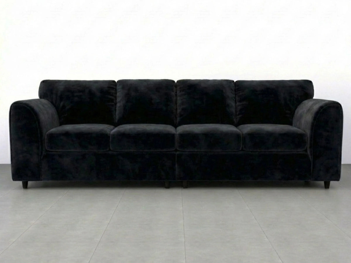 Black plush velvet 4-seater full back corner sofa by Gamzo Outlet, featuring a modern design and comfortable seating for four.