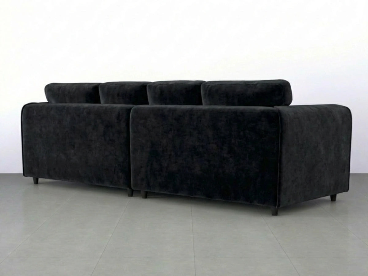 Black plush velvet 4-seater full back corner sofa by Gamzo Outlet with spacious, comfortable seating for living room decor.